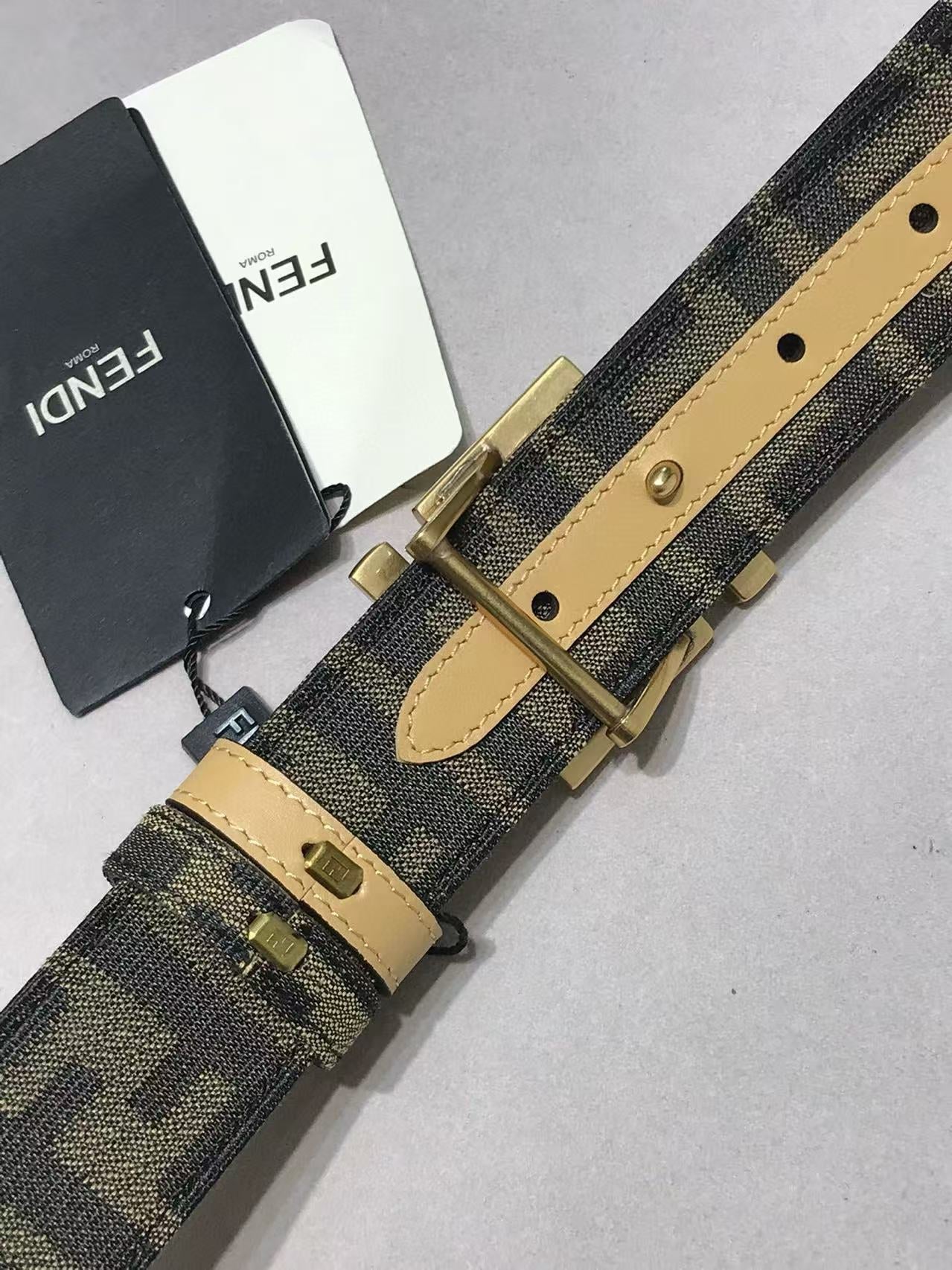 FF Belt 35mm Monogram Canvas Beige Calfskin Gold Hardware