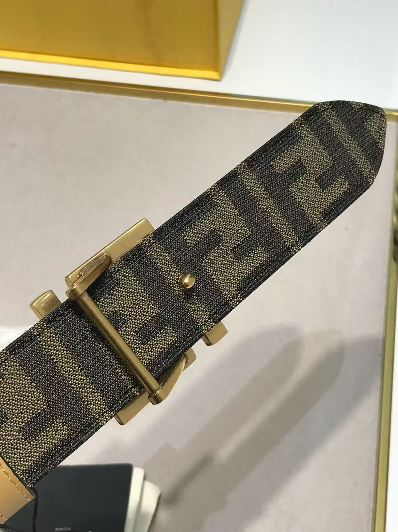 FF Belt 35mm Monogram Canvas Beige Calfskin Gold Hardware