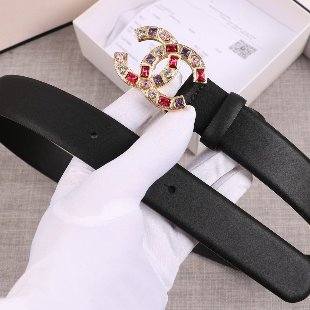 CC WOMEN'S BELT BUCKLE GOLD BLACK LEATHER 3.0CM