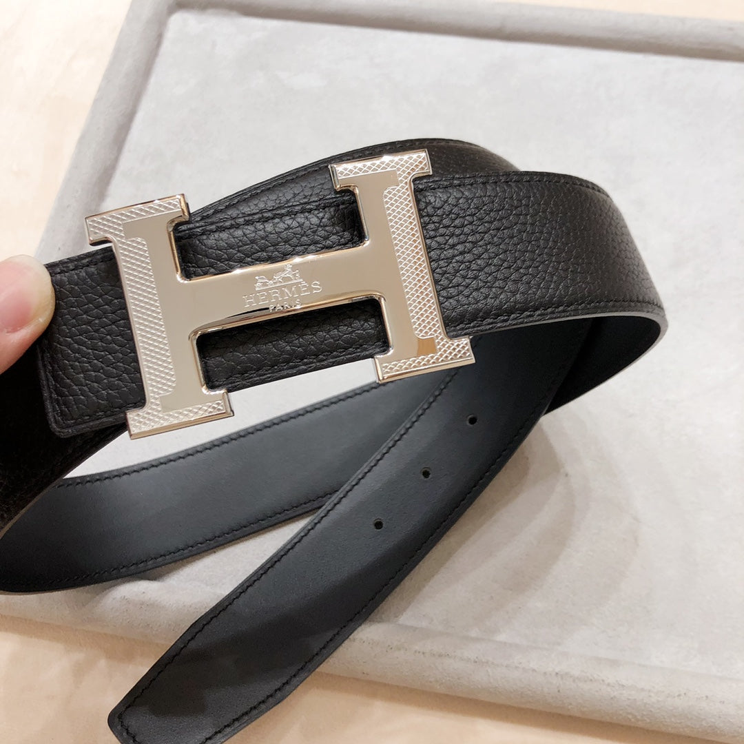 HM H D'ANCRE BELT BUCKLE & REVERSIBLE BLACK LEATHER STRAP 38 MM SILVER HARDWARE