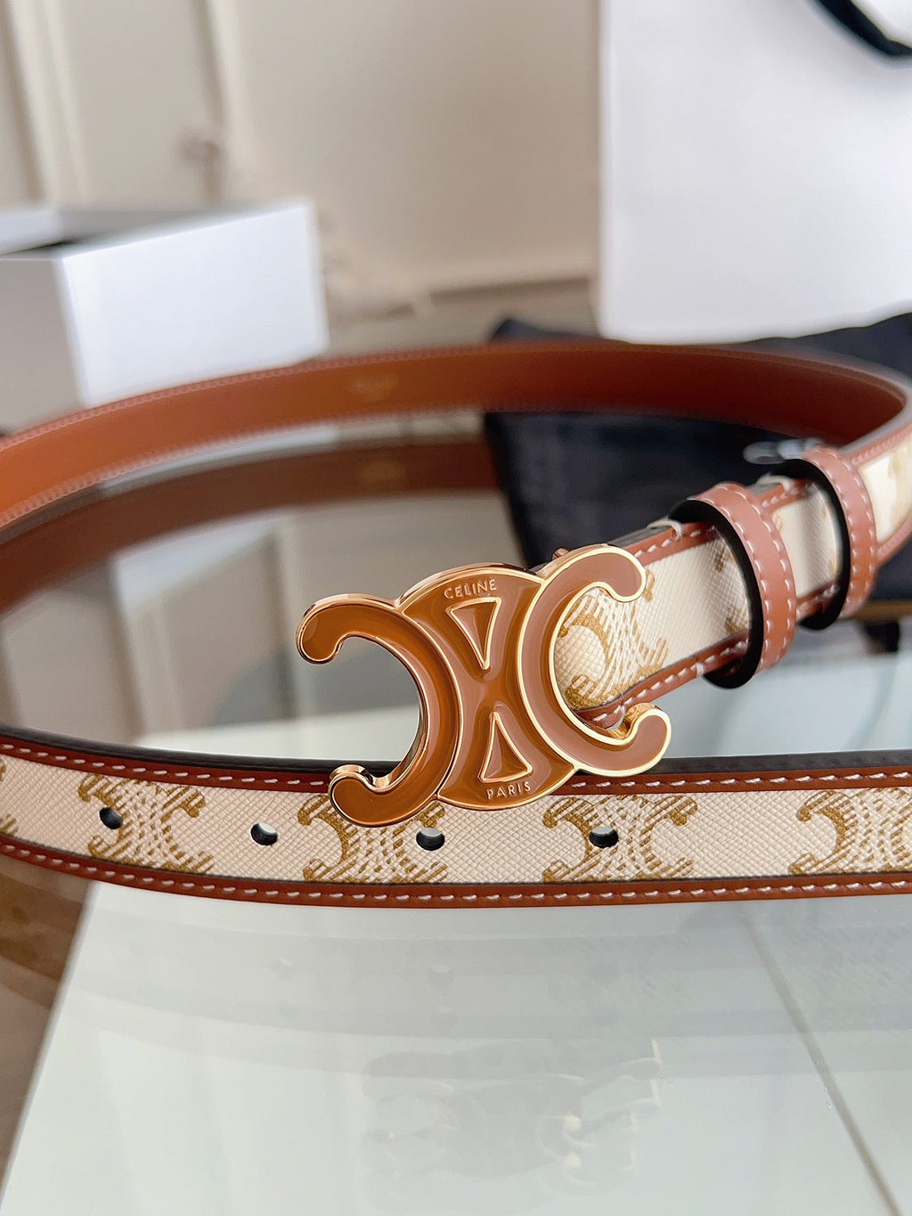 CL Brown 25mm Triomphe Enamel Saddle White Brown Monogram Cowhide 615274