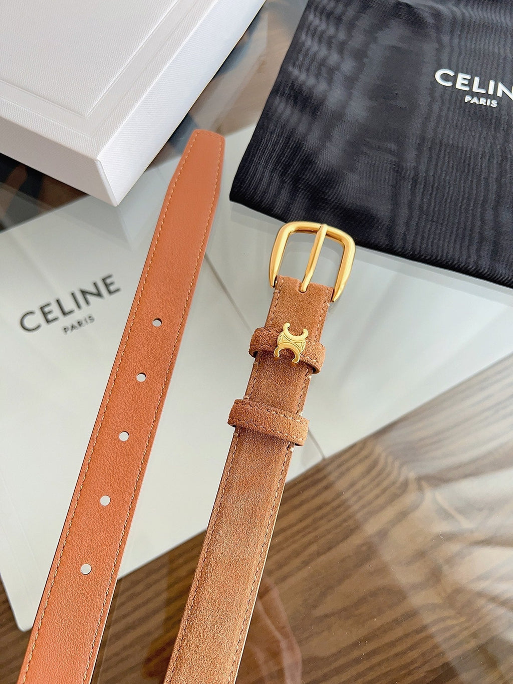 CL Gold 25mm Triomphe Metal Ring Tan Suede 616257