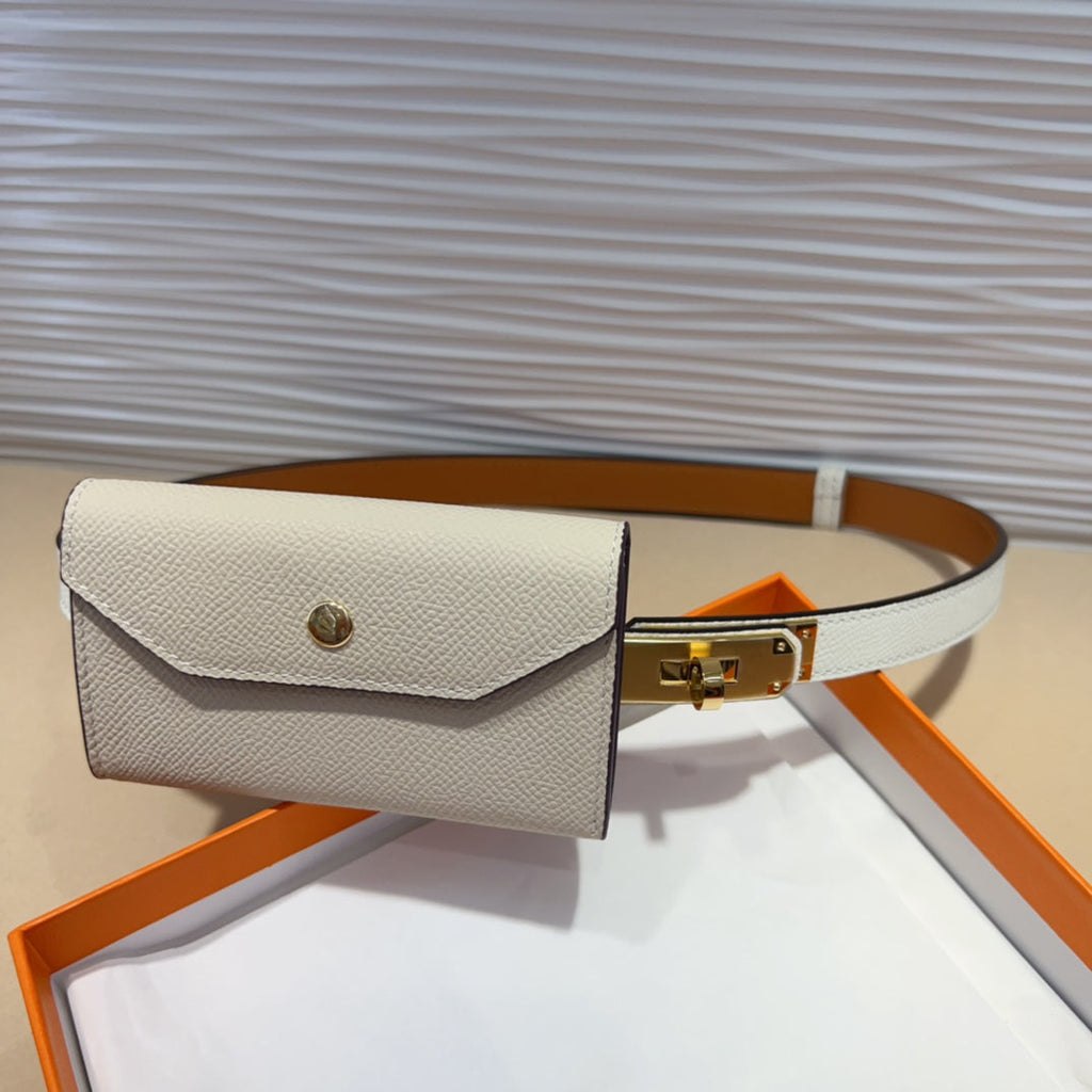 HM KELLY POCKET 18MM BELT WHITE LEATHER GOLD HARDWARE