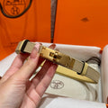 HM Kelly Belt 18mm Beige Canvas Epsom Leather Gold Buckle