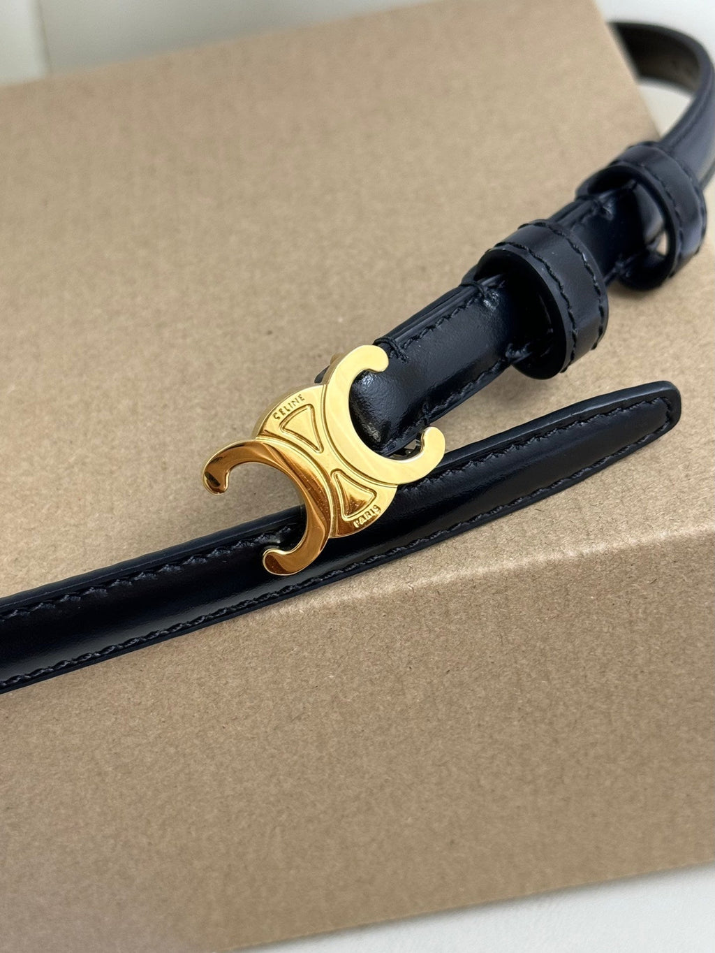 MINI TRIOMPHE BELT 13 MM BLACK LEATHER GOLD HARDWARE
