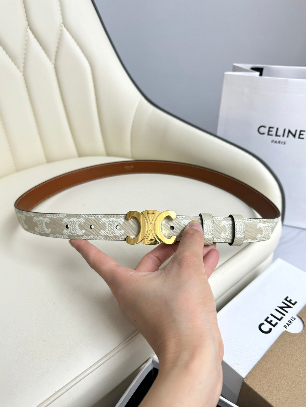 CEL Gold 25mm Triomphe Belt White Beige Canvas 180418