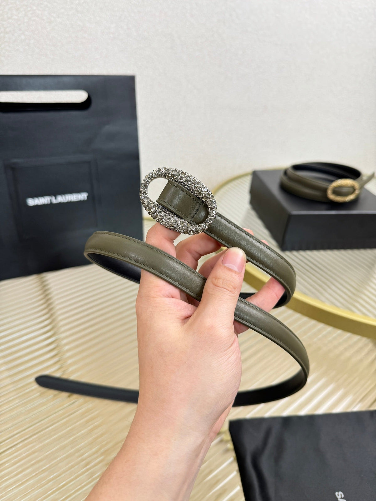 YSL 1.5 Sliver Oval Buckle Belt Olive Green Leather 200478