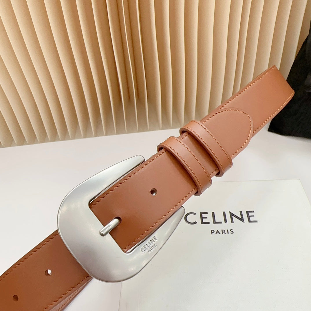 LARGE WESTERN 35 MM BELT BRONZE BROWN CALFSKIN SILVER HARDWARE