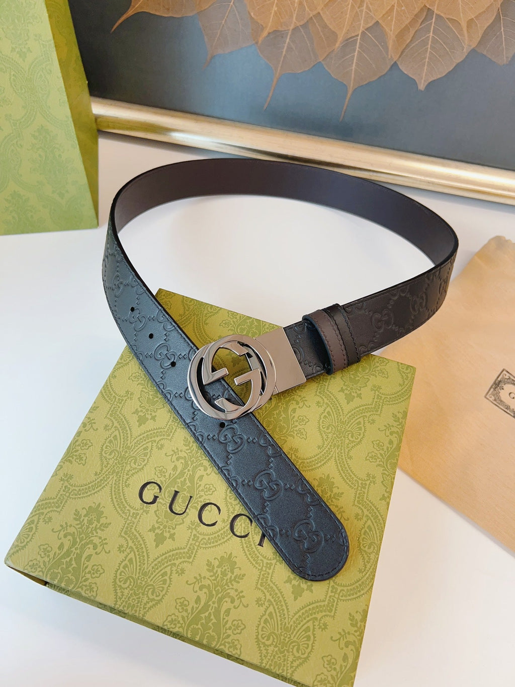 Gucci Supreme Belt Blunt Copper Buckle 37mm Black Embossed Leather